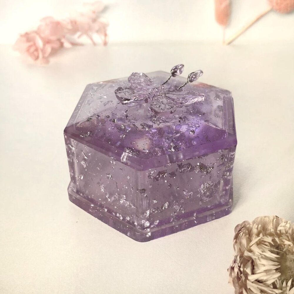 RESIN Trinket box with lid butterfly with lilac amethyst crystals antennas